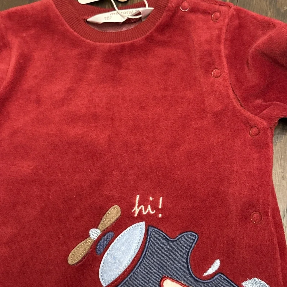 NWT Mayoral Velvet Newborn Sz 4-6 Months Red Burgundy Airplane Footed‎ Sleeper